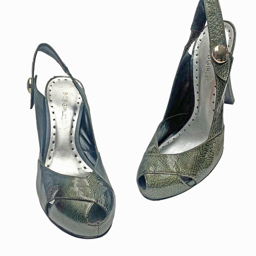 BCBGirls Gray Patent Leather‎ Peep Toe Slingback Heel  *NEW